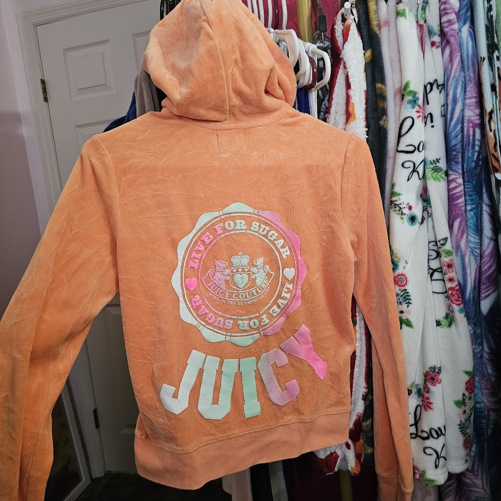 Y2K Juicy Couture Orange Hooded Velour Jacket with Pastel Logo Size M
